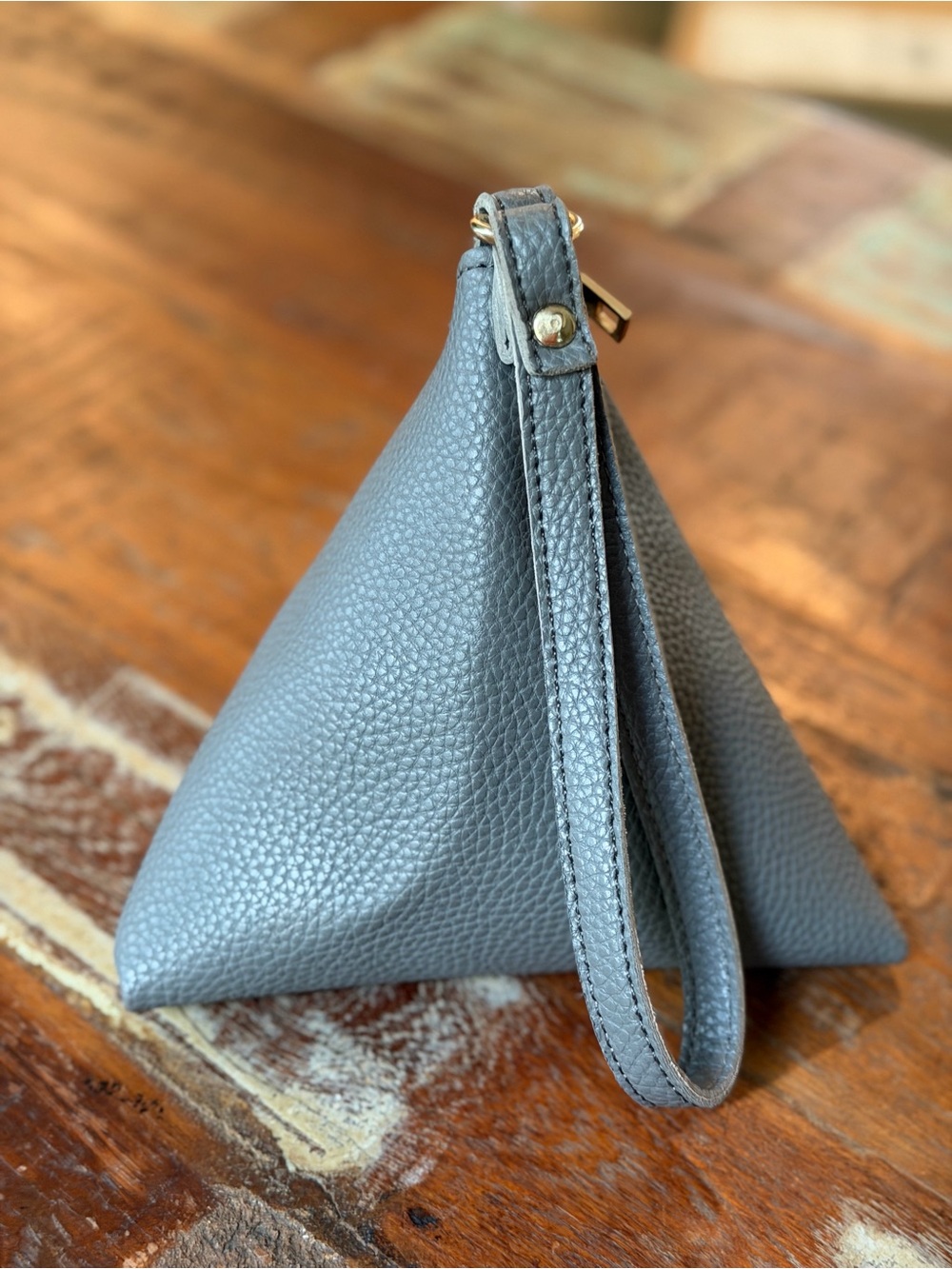 Gray Pebbled Leather Pyramid Wristlet